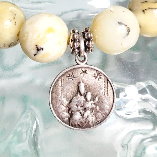 African Opal 10mm Beaded Bracelet w/ Antique Silver Plated Signed CD Medal of Our Lady of Mount Carmel and The Sacred Heart of Jesus