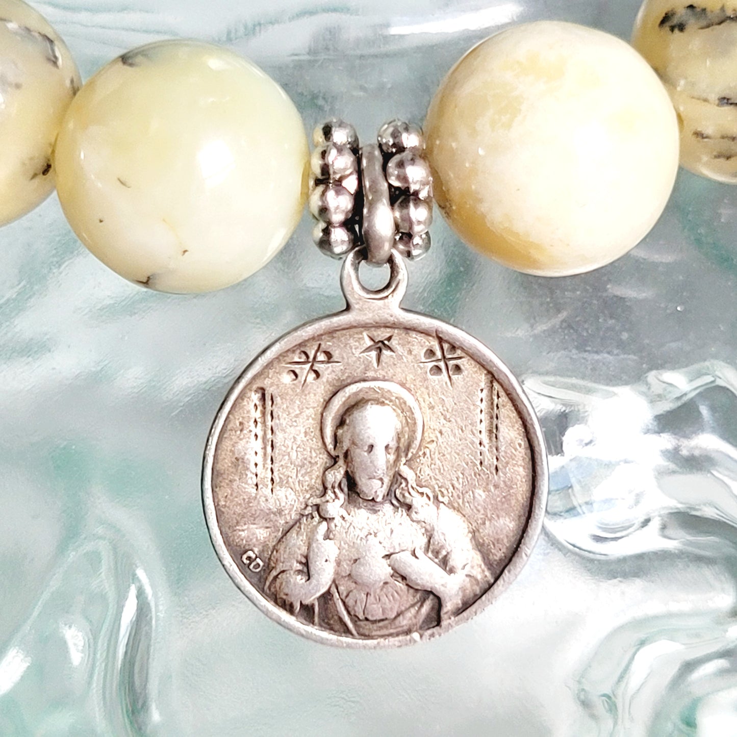 African Opal 10mm Beaded Bracelet w/ Antique Silver Plated Signed CD Medal of Our Lady of Mount Carmel and The Sacred Heart of Jesus