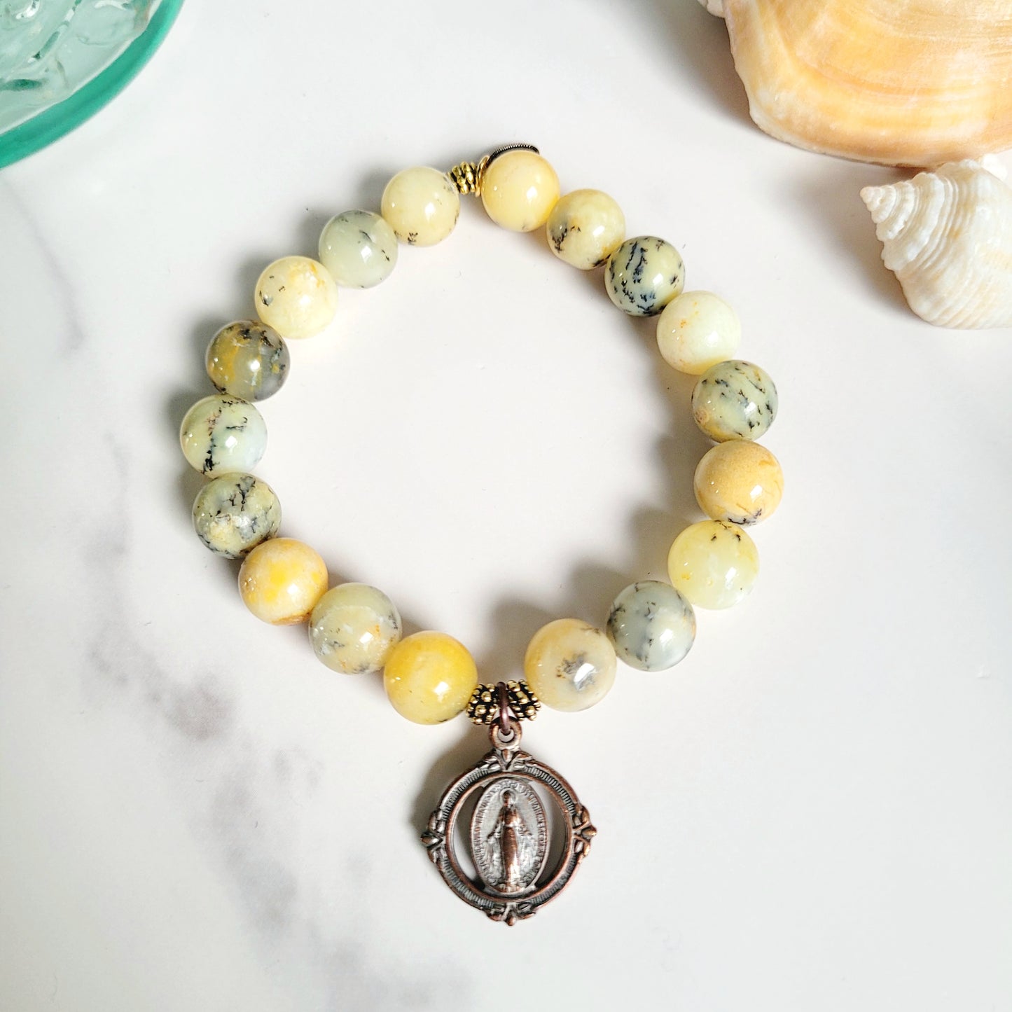 African Opal 10mm Beaded Bracelet w/ Vintage Art Deco Bronze Miraculous Medal of Mary