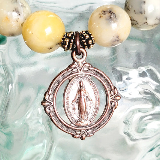African Opal 10mm Beaded Bracelet w/ Vintage Art Deco Bronze Miraculous Medal of Mary
