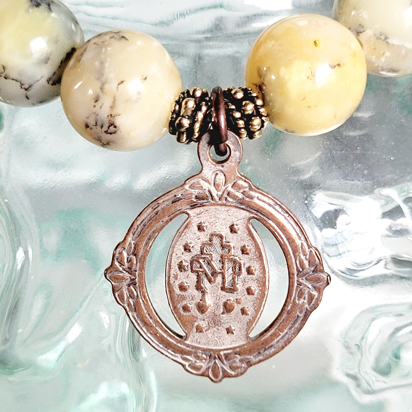 African Opal 10mm Beaded Bracelet w/ Vintage Art Deco Bronze Miraculous Medal of Mary