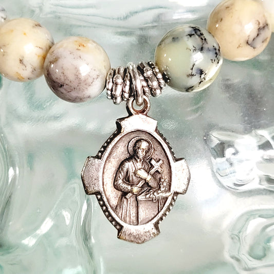 African Opal 10mm Beaded Bracelet w/ Vintage Silver Plated Medal of St. Gerard Majella