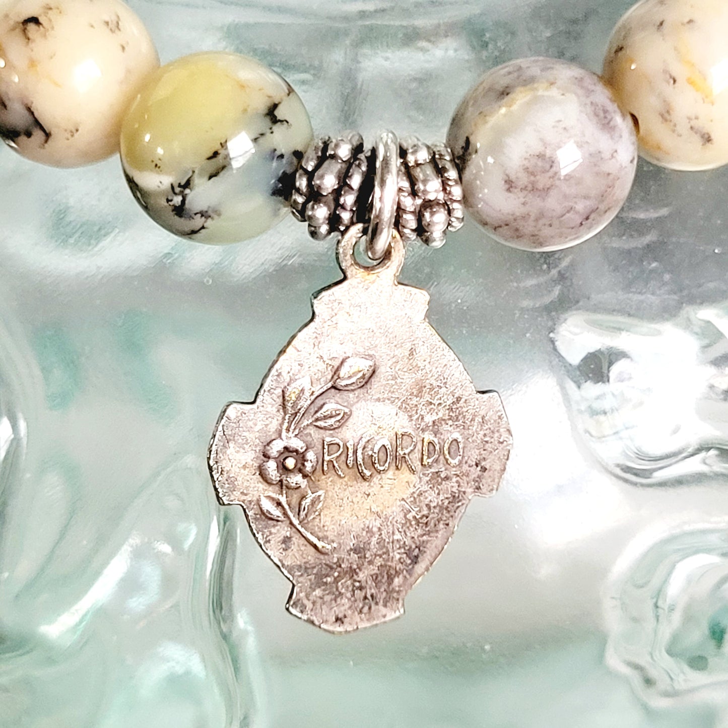 African Opal 10mm Beaded Bracelet w/ Vintage Silver Plated Medal of St. Gerard Majella