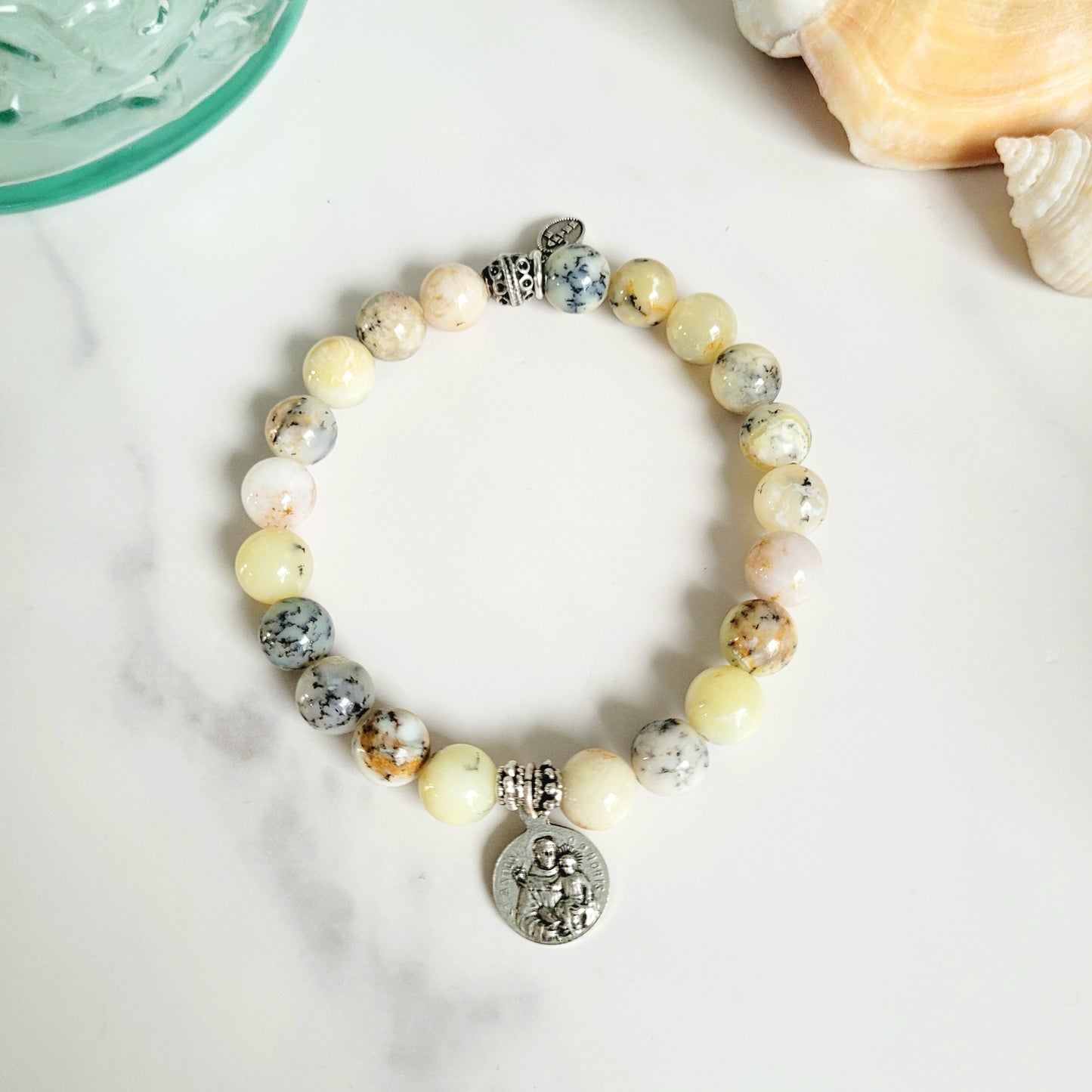 African Opal 10mm Beaded Bracelet w/Vintage Silver Plated Medal of St. Anthony of Padua and Servus Dei P. Valentinus