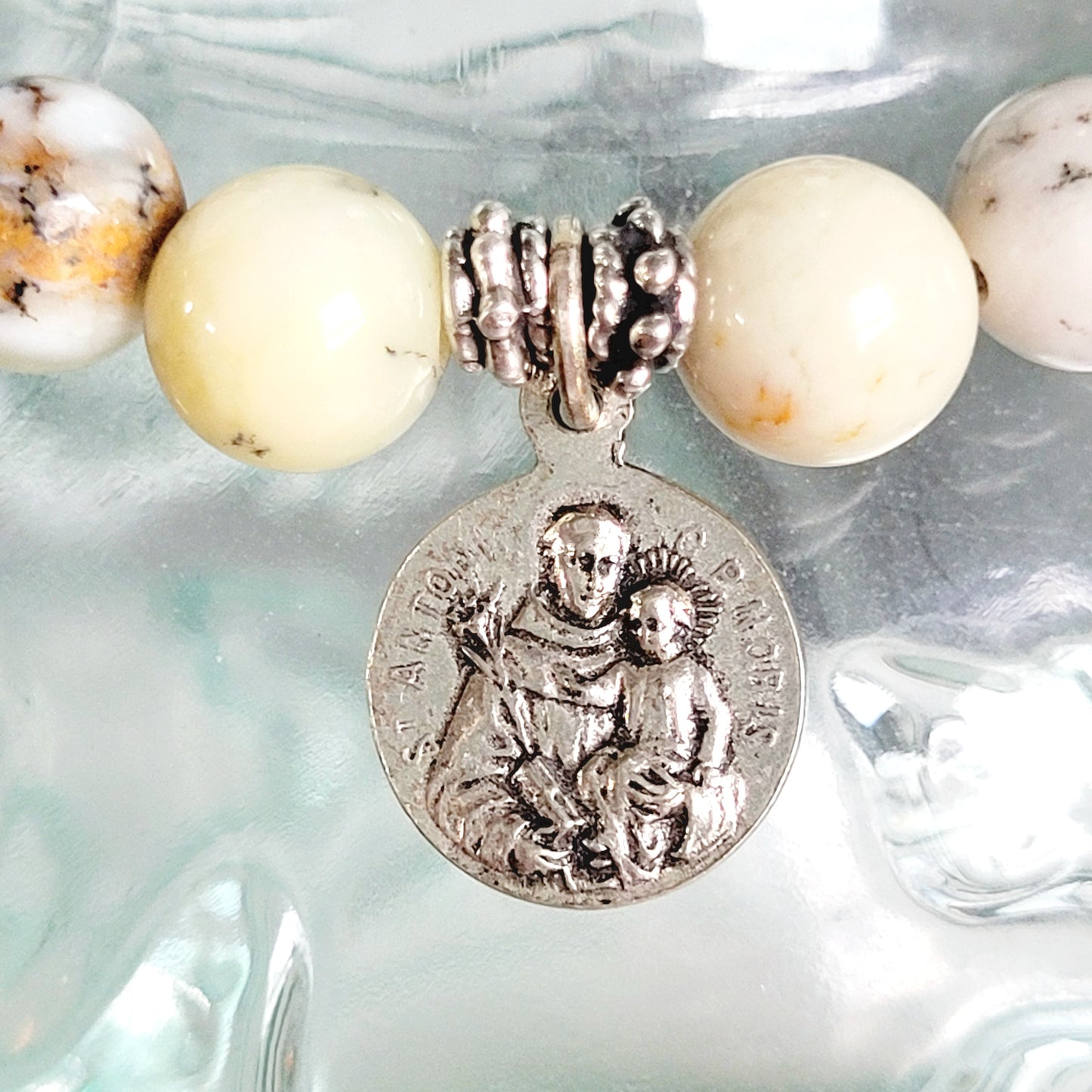 African Opal 10mm Beaded Bracelet w/Vintage Silver Plated Medal of St. Anthony of Padua and Servus Dei P. Valentinus