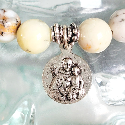 African Opal 10mm Beaded Bracelet w/Vintage Silver Plated Medal of St. Anthony of Padua and Servus Dei P. Valentinus
