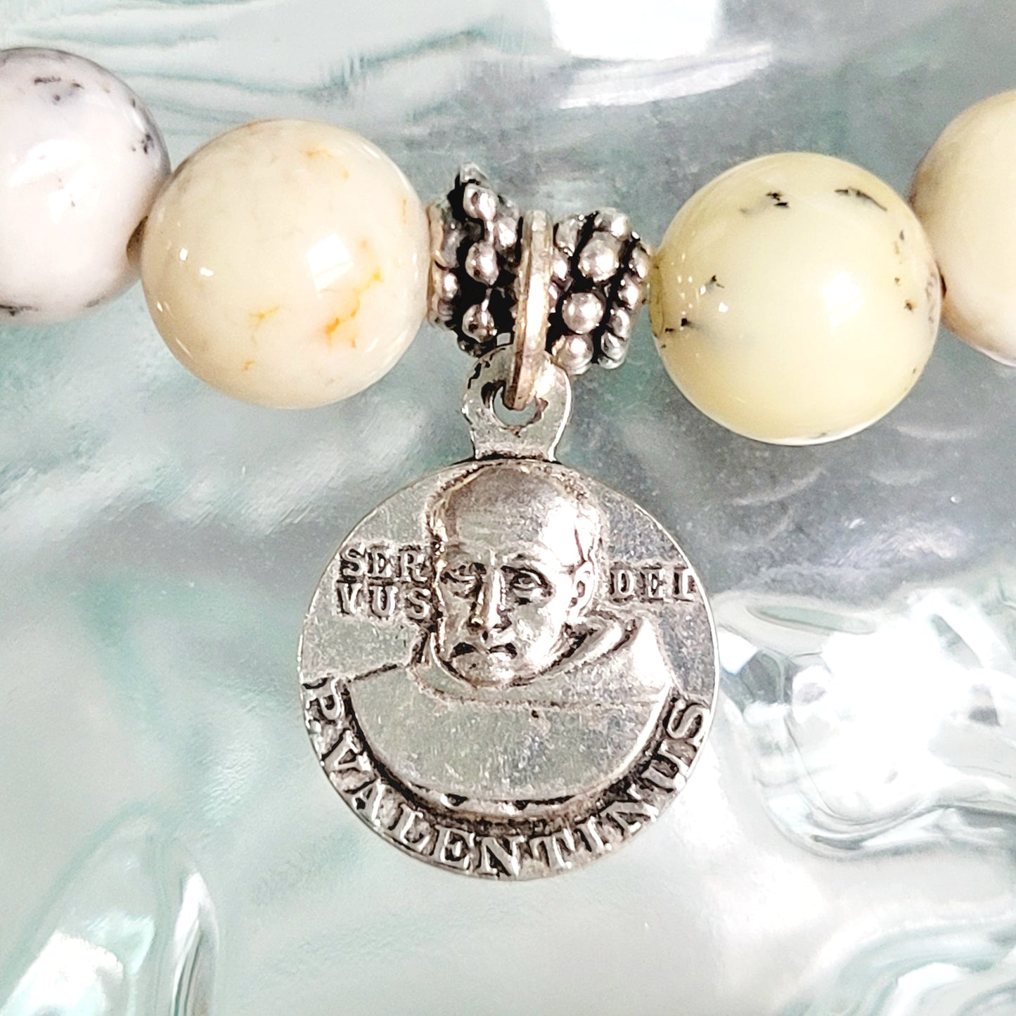 African Opal 10mm Beaded Bracelet w/Vintage Silver Plated Medal of St. Anthony of Padua and Servus Dei P. Valentinus