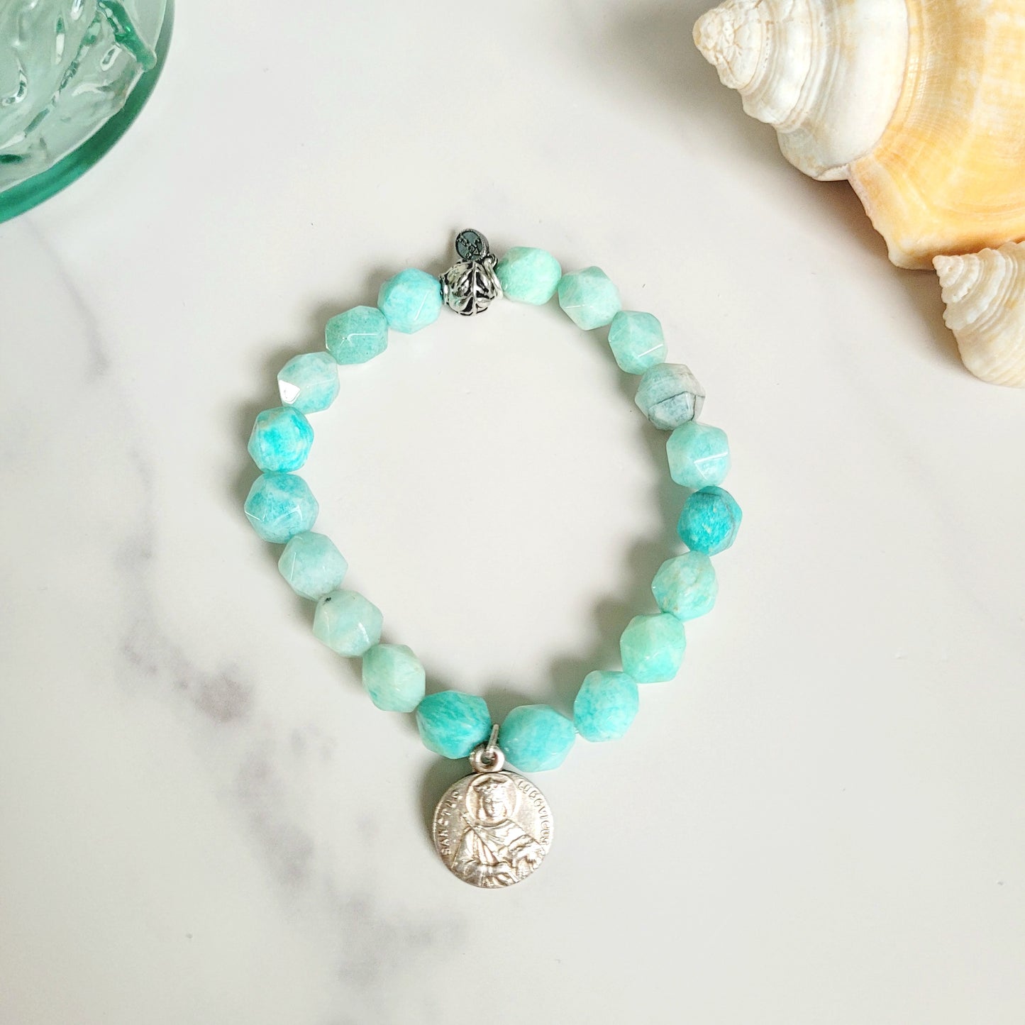 Brazilian Amazonite Faceted 8mm Beaded Bracelet w/ Silver Plated Vintage Medal of St. Louis IX from France