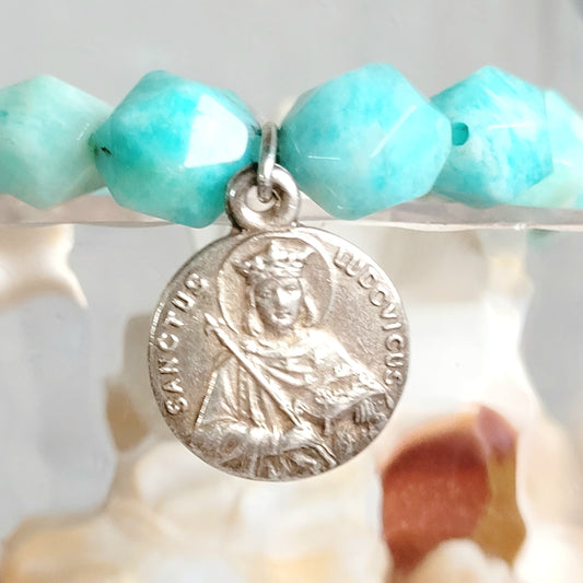Brazilian Amazonite Faceted 8mm Beaded Bracelet w/ Silver Plated Vintage Medal of St. Louis IX from France