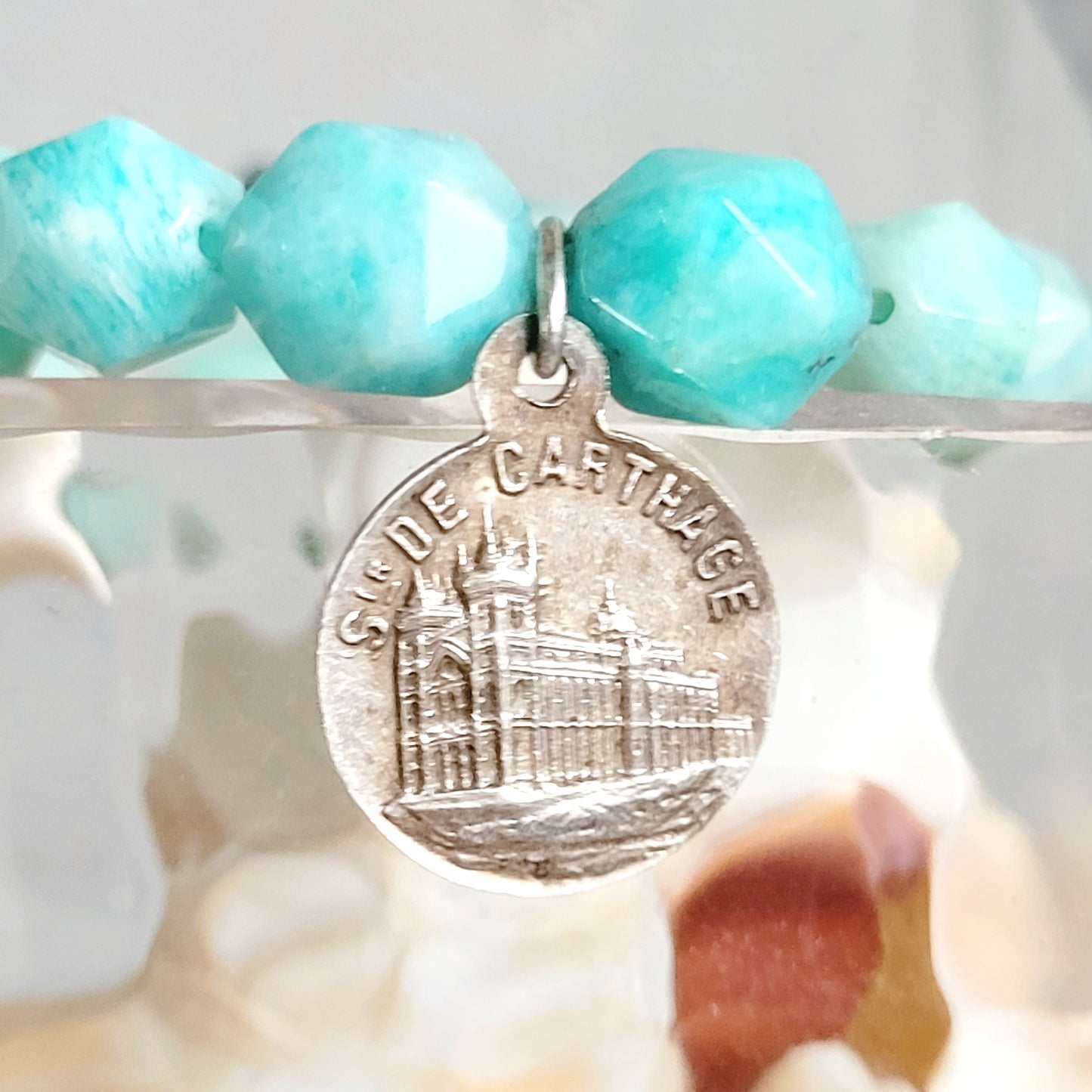 Brazilian Amazonite Faceted 8mm Beaded Bracelet w/ Silver Plated Vintage Medal of St. Louis IX from France