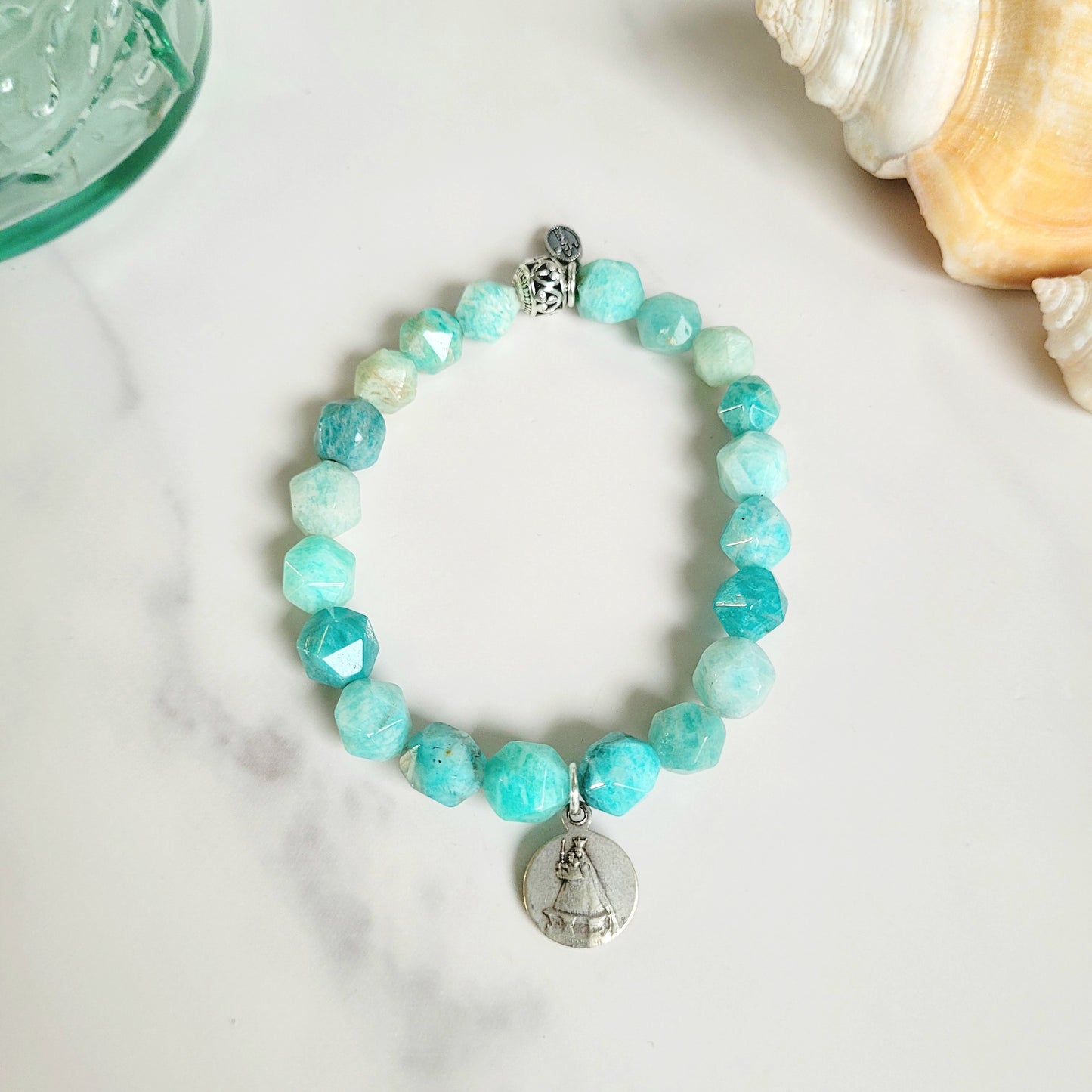 Brazilian Amazonite Faceted 8mm Beaded Bracelet w/ Signed Silver Plated Vintage Medal of Notre Dame De Jean Poperinge from Belgium