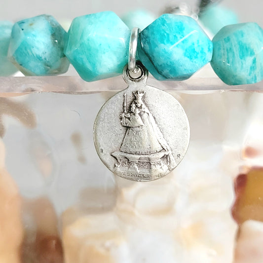 Brazilian Amazonite Faceted 8mm Beaded Bracelet w/ Signed Silver Plated Vintage Medal of Notre Dame De Jean Poperinge from Belgium