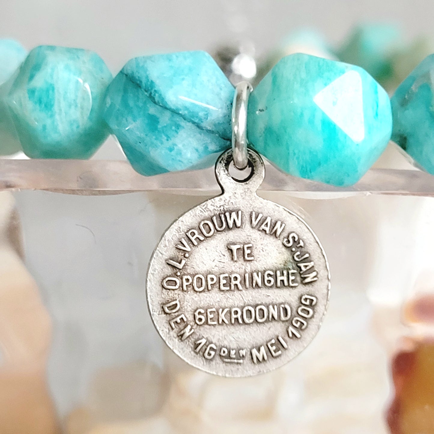 Brazilian Amazonite Faceted 8mm Beaded Bracelet w/ Signed Silver Plated Vintage Medal of Notre Dame De Jean Poperinge from Belgium