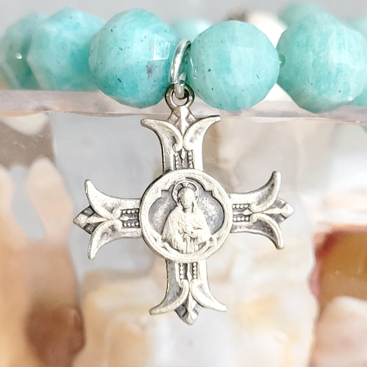 Brazilian Amazonite Faceted 8mm Beaded Bracelet w/ French Silver Plated Medal of the Sacred Heart of Jesus within a French Cross