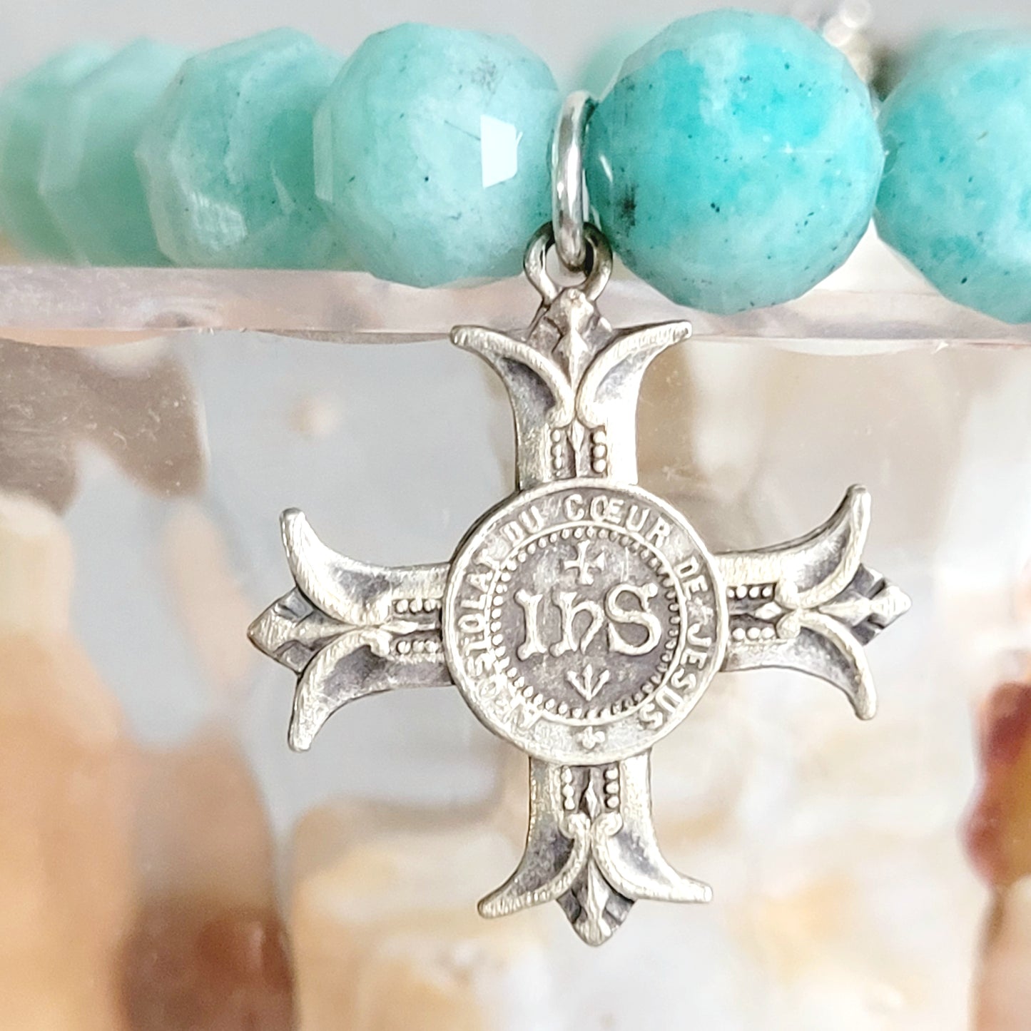 Brazilian Amazonite Faceted 8mm Beaded Bracelet w/ French Silver Plated Medal of the Sacred Heart of Jesus within a French Cross