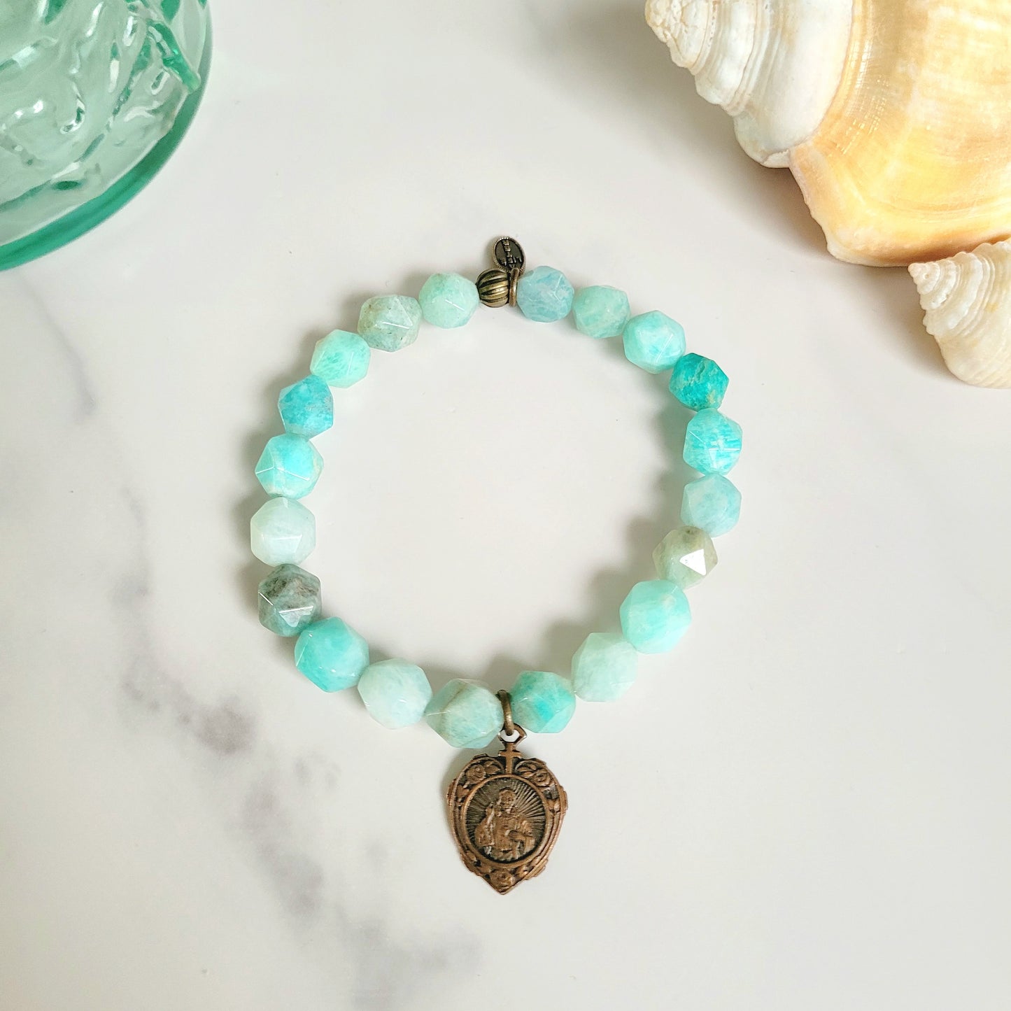 Brazilian Amazonite Faceted 8mm Beaded Bracelet w/ Vintage Bronze Medal of the Sacred Heart of Jesus