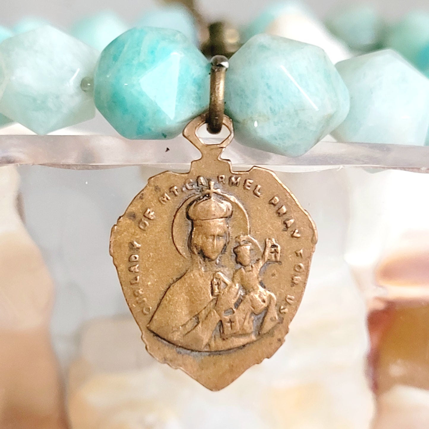 Brazilian Amazonite Faceted 8mm Beaded Bracelet w/ Vintage Bronze Medal of the Sacred Heart of Jesus