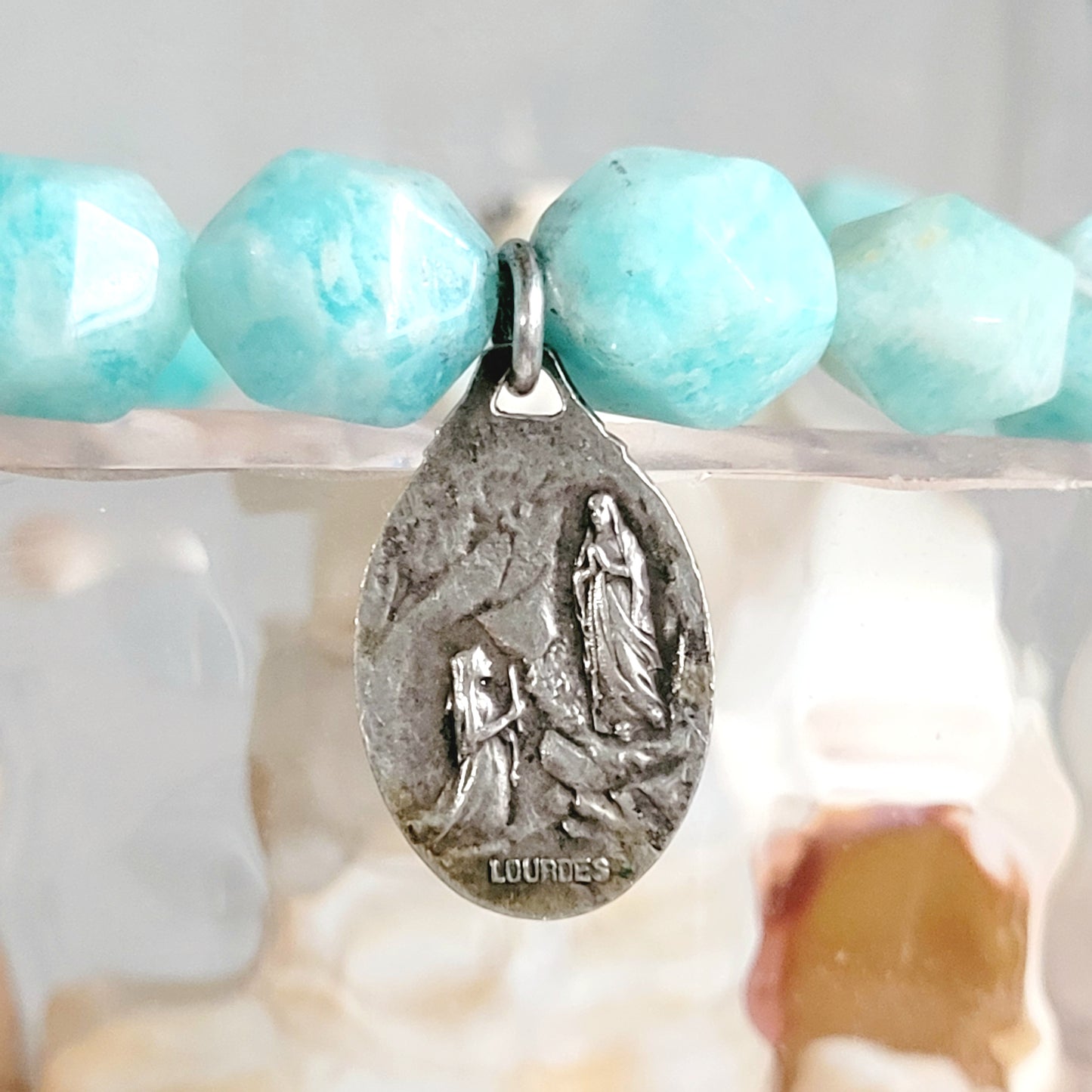 Brazilian Amazonite Faceted 8mm Beaded Bracelet w/ Signed Silver Plated Medal of Our Lady of Lourdes