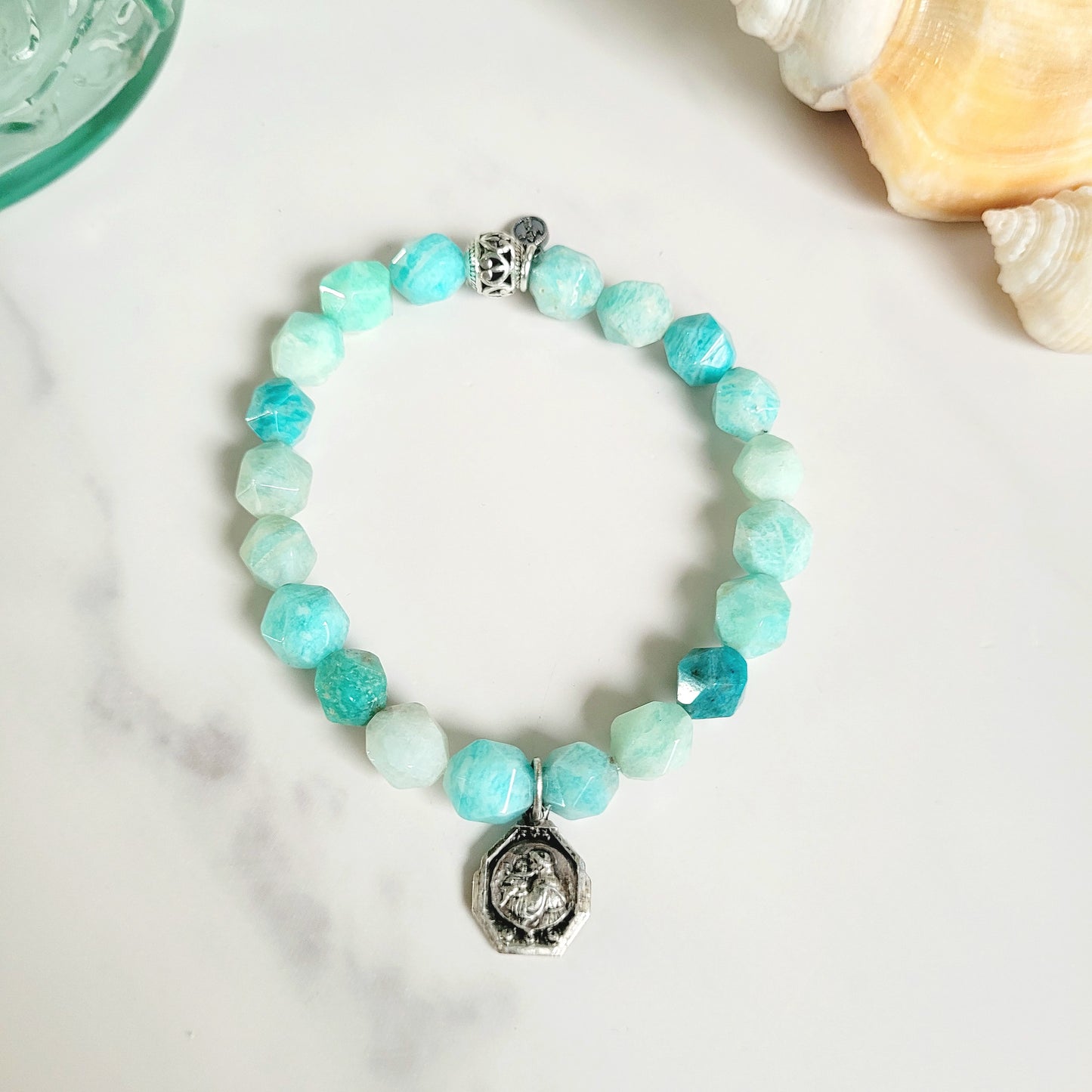 Brazilian Amazonite Faceted 8mm Beaded Bracelet w/ Signed Silver Medal of St. Anthony of Padua