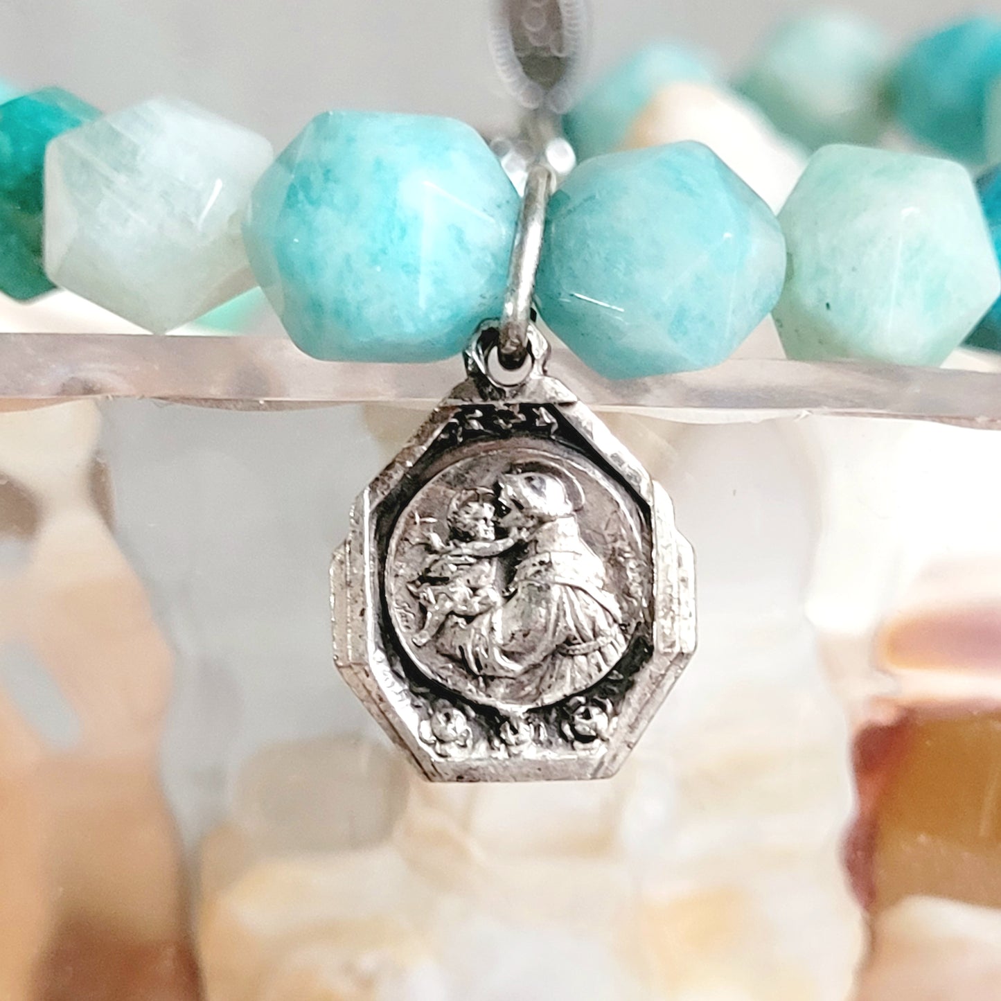 Brazilian Amazonite Faceted 8mm Beaded Bracelet w/ Signed Silver Medal of St. Anthony of Padua