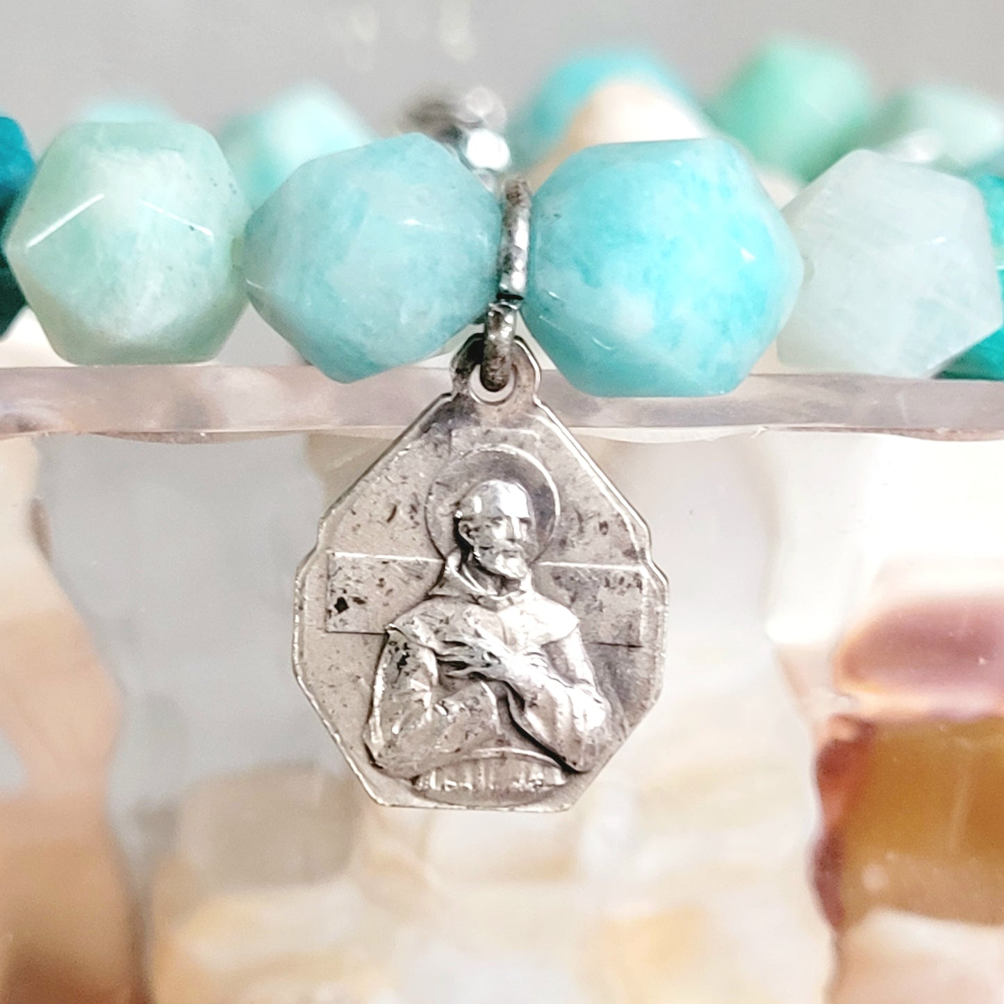 Brazilian Amazonite Faceted 8mm Beaded Bracelet w/ Signed Silver Medal of St. Anthony of Padua