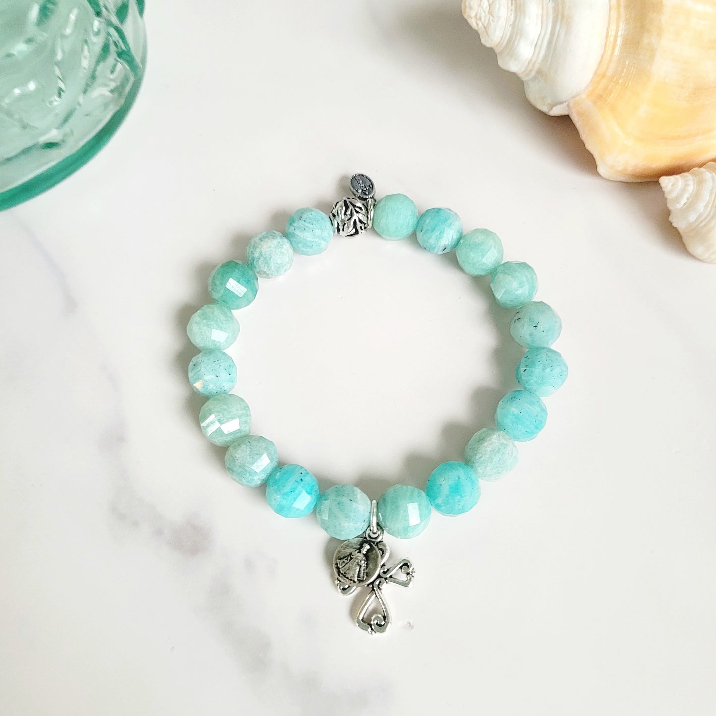 Brazilian Amazonite Faceted 8mm Beaded Bracelet w/ Silver Plated Cross & Infant of Prague