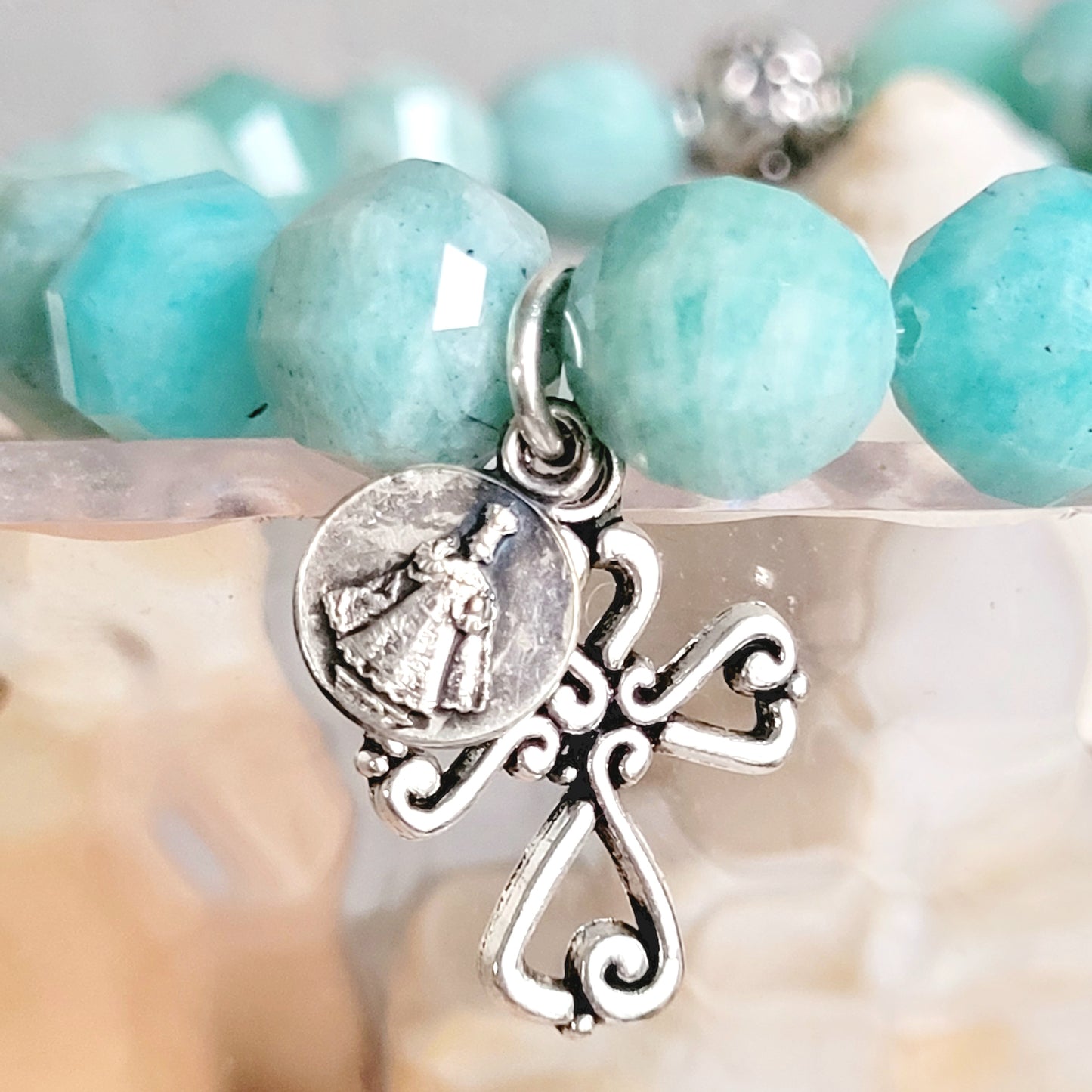 Brazilian Amazonite Faceted 8mm Beaded Bracelet w/ Silver Plated Cross & Infant of Prague