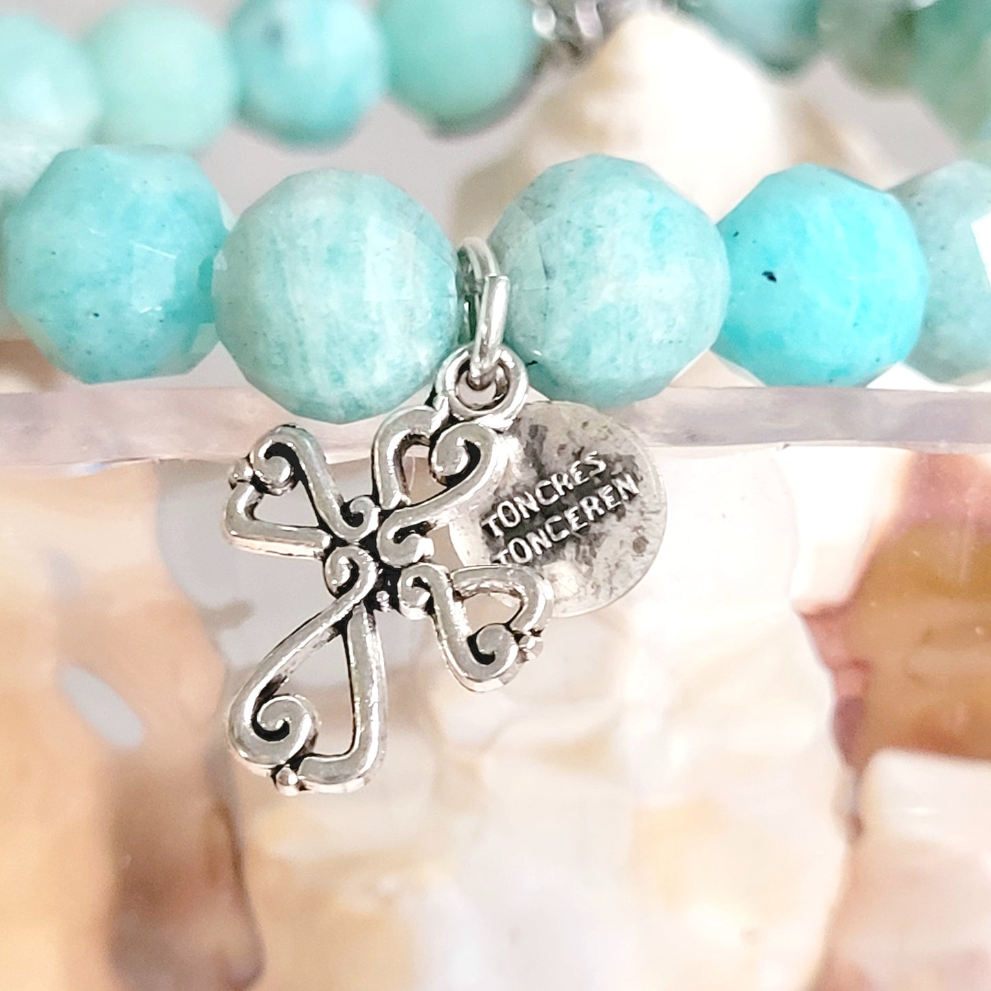 Brazilian Amazonite Faceted 8mm Beaded Bracelet w/ Silver Plated Cross & Infant of Prague