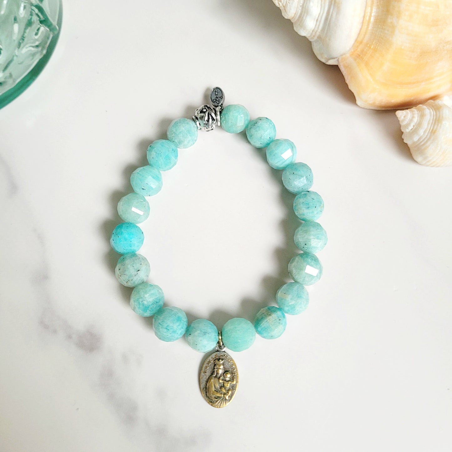 Brazilian Amazonite Faceted 8mm Beaded Bracelet w/ Silver Plated Medal of Our Lady of the Guard