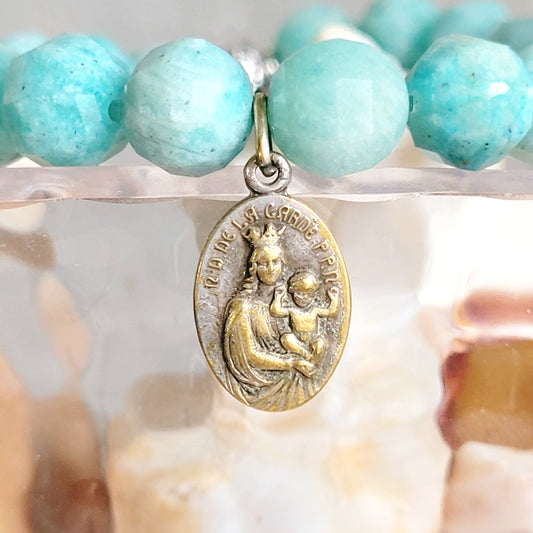 Brazilian Amazonite Faceted 8mm Beaded Bracelet w/ Silver Plated Medal of Our Lady of the Guard
