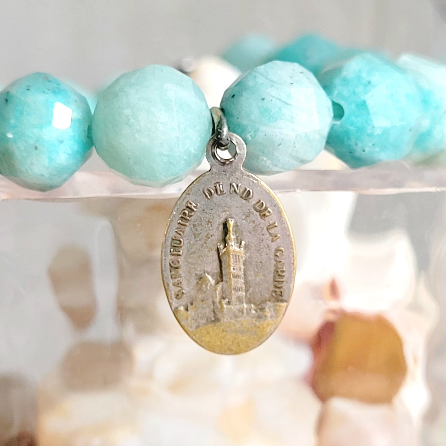 Brazilian Amazonite Faceted 8mm Beaded Bracelet w/ Silver Plated Medal of Our Lady of the Guard
