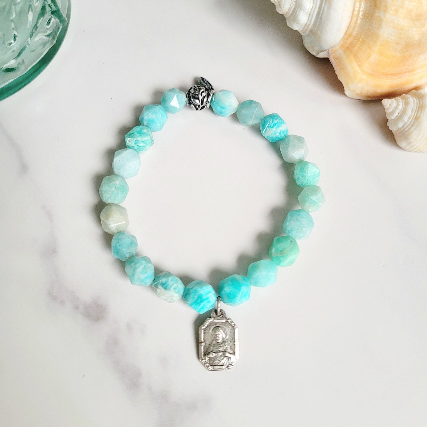 Brazilian Amazonite Faceted 8mm Beaded Bracelet w/ Art Deco Silver Plated Medal of the Sacred Heart of Jesus & Our Lady of Mount Carmel