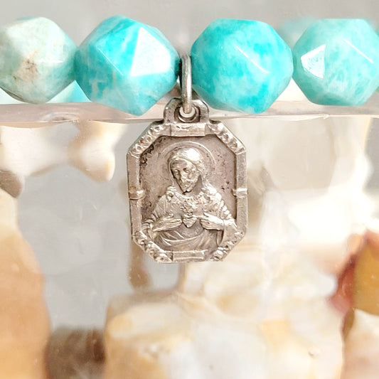 Brazilian Amazonite Faceted 8mm Beaded Bracelet w/ Art Deco Silver Plated Medal of the Sacred Heart of Jesus & Our Lady of Mount Carmel