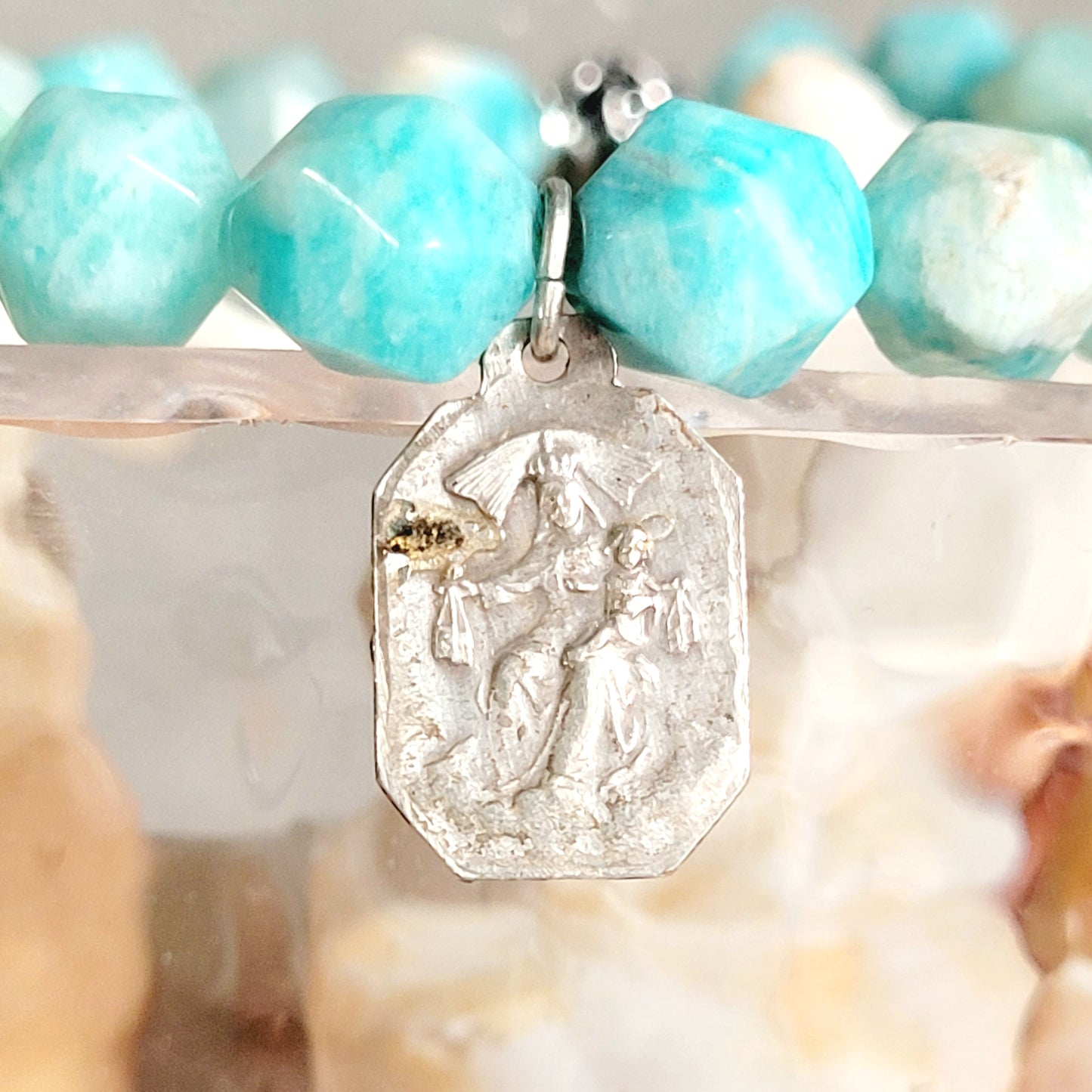 Brazilian Amazonite Faceted 8mm Beaded Bracelet w/ Art Deco Silver Plated Medal of the Sacred Heart of Jesus & Our Lady of Mount Carmel
