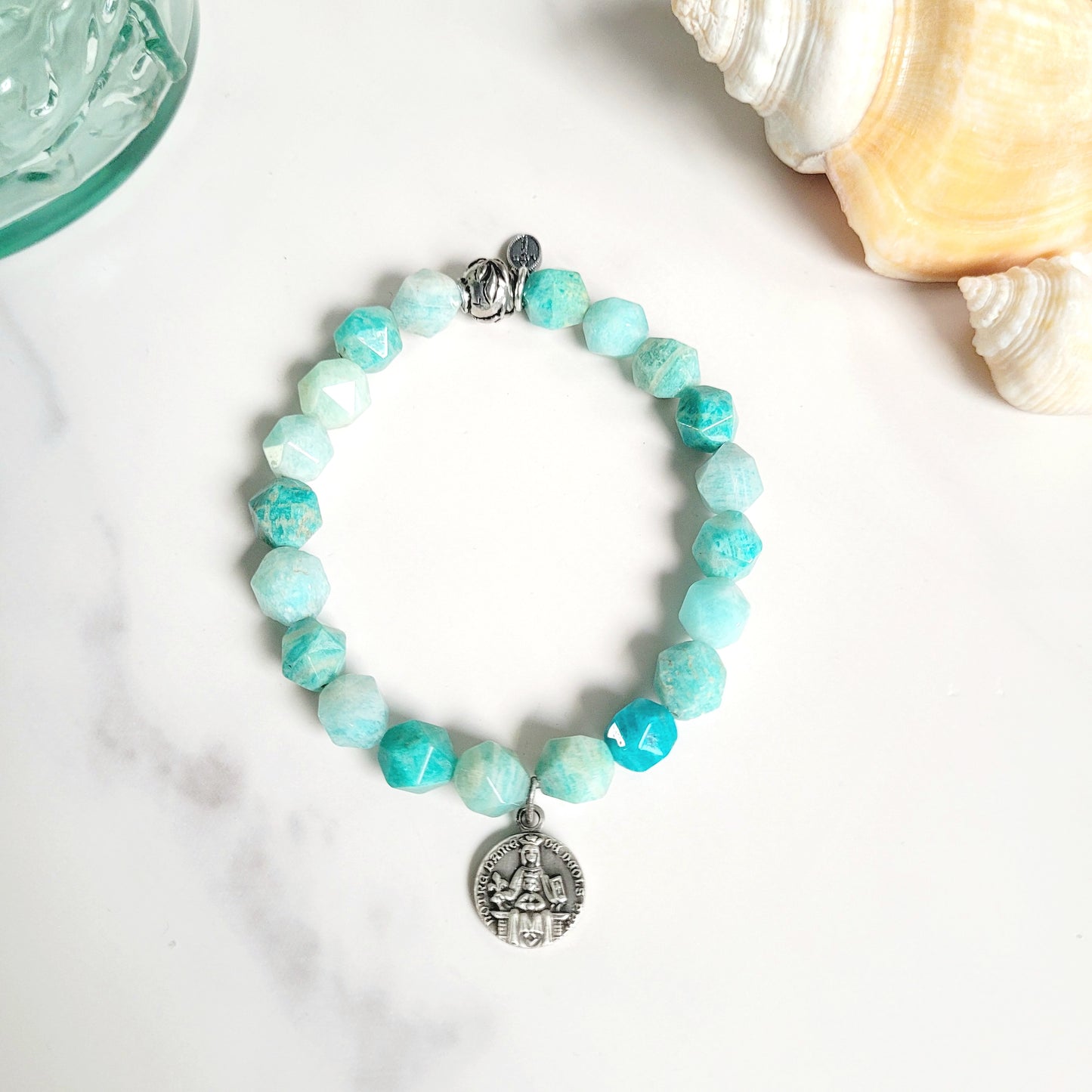 Brazilian Amazonite Faceted 8mm Beaded Bracelet w/ Signed Silver Plated Medal of Our Lady of Montserrat and Sacred Heart of Jesus