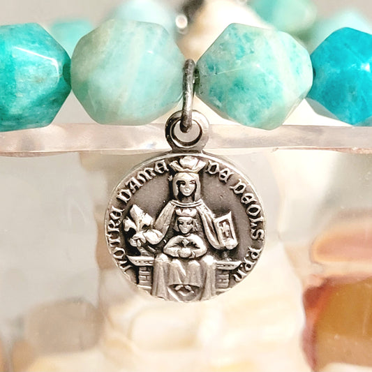 Brazilian Amazonite Faceted 8mm Beaded Bracelet w/ Signed Silver Plated Medal of Our Lady of Montserrat and Sacred Heart of Jesus