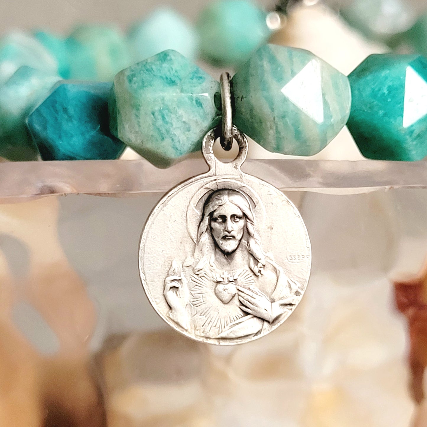 Brazilian Amazonite Faceted 8mm Beaded Bracelet w/ Signed Silver Plated Medal of Our Lady of Montserrat and Sacred Heart of Jesus