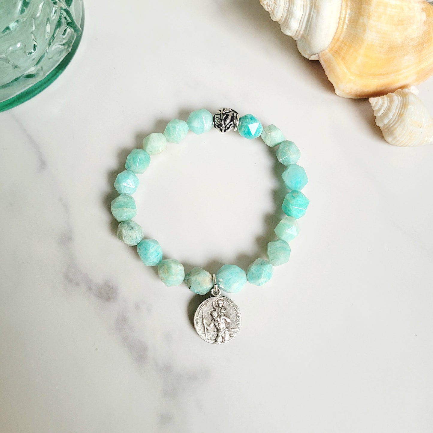 Brazilian Amazonite Faceted 8mm Beaded Bracelet w/ Signed Silver Plated Medal of St. Christopher