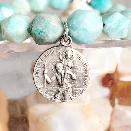 Brazilian Amazonite Faceted 8mm Beaded Bracelet w/ Signed Silver Plated Medal of St. Christopher