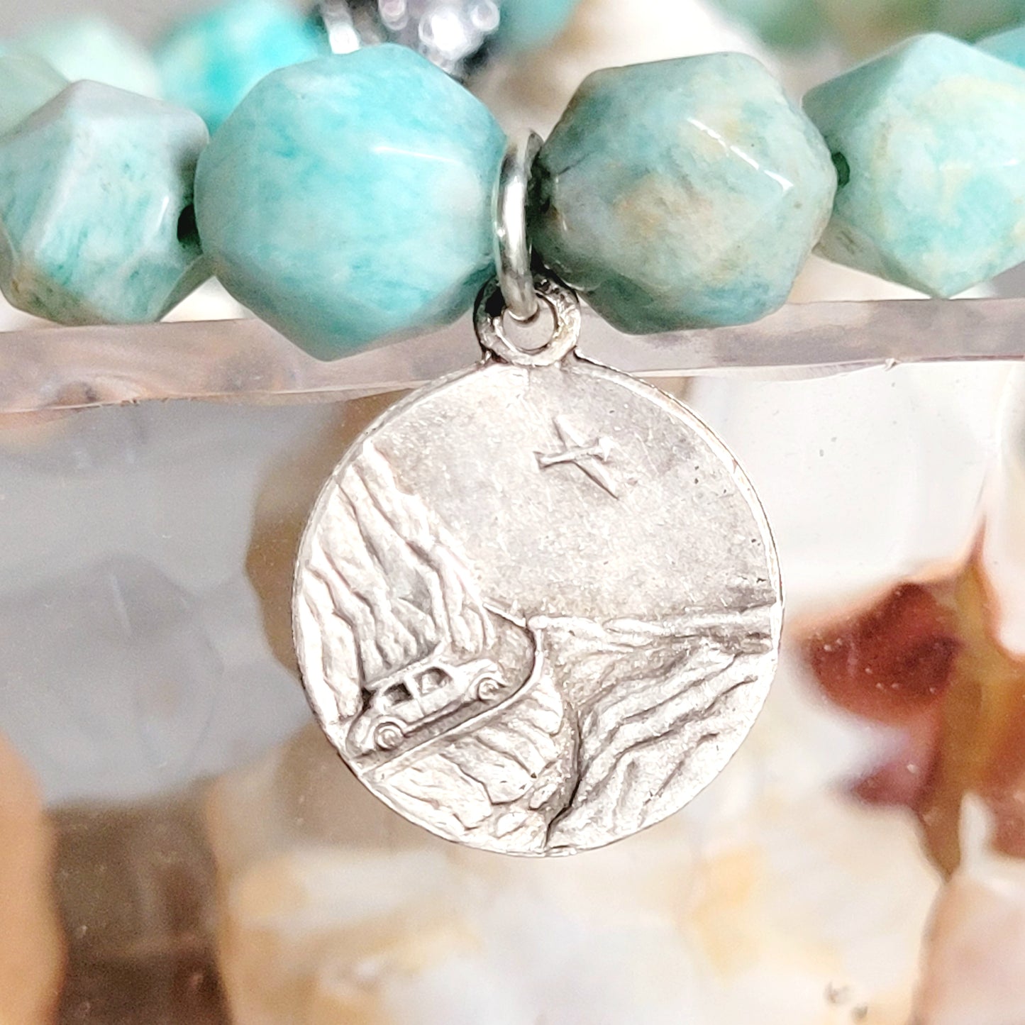 Brazilian Amazonite Faceted 8mm Beaded Bracelet w/ Signed Silver Plated Medal of St. Christopher