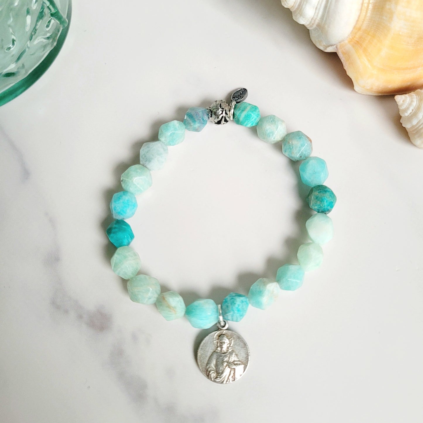 Brazilian Amazonite Faceted 8mm Beaded Bracelet w/ Signed Silver Plated Medal of the Sacred Heart of Jesus