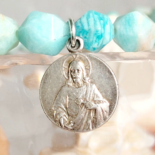 Brazilian Amazonite Faceted 8mm Beaded Bracelet w/ Signed Silver Plated Medal of the Sacred Heart of Jesus