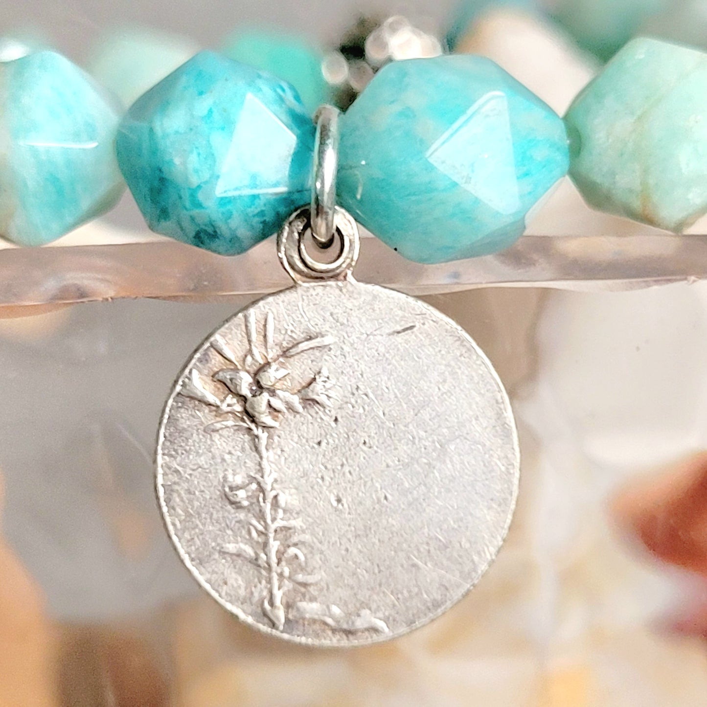 Brazilian Amazonite Faceted 8mm Beaded Bracelet w/ Signed Silver Plated Medal of the Sacred Heart of Jesus