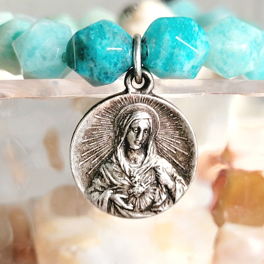 Brazilian Amazonite Faceted 8mm Beaded Bracelet w/ Silver Plated Immaculate Heart of Mary and Sacred Heart of Jesus