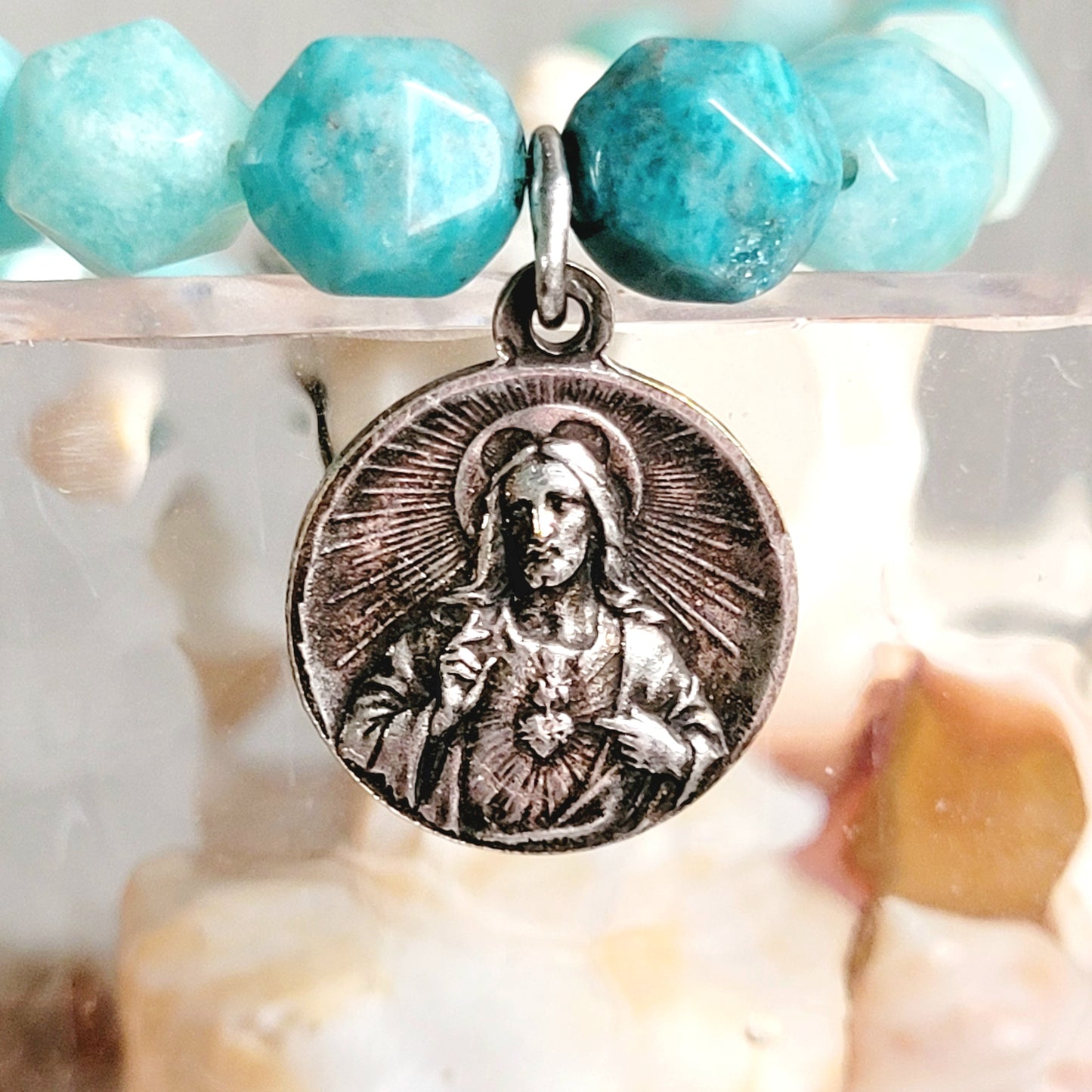 Brazilian Amazonite Faceted 8mm Beaded Bracelet w/ Silver Plated Immaculate Heart of Mary and Sacred Heart of Jesus