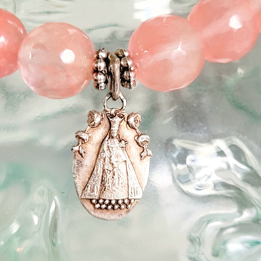 Cherry Quartz Faceted 10mm Beaded Bracelet w/ Vintage Silver over Copper Medal of Our Lady of Hal from Belgium