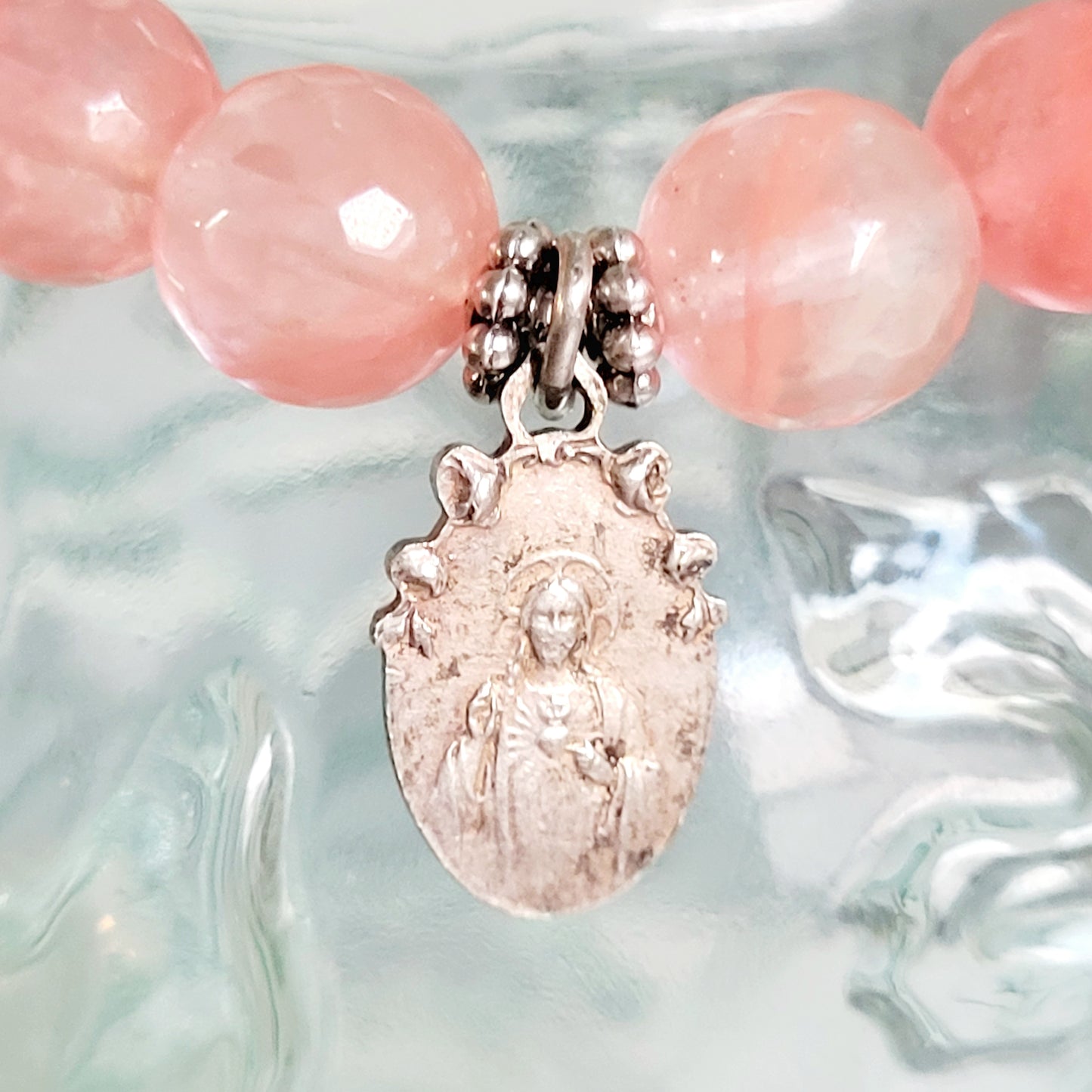 Cherry Quartz Faceted 10mm Beaded Bracelet w/ Vintage Silver over Copper Medal of Our Lady of Hal from Belgium