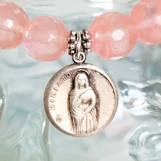 Cherry Quartz Faceted 10mm Beaded Bracelet w/ Silver Plate Medal of St. Minias