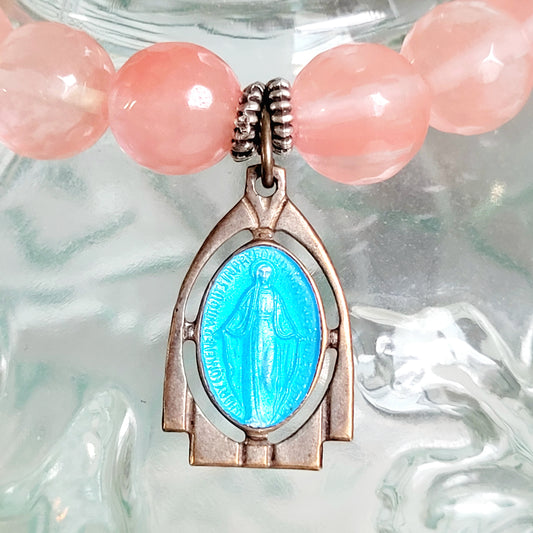 Cherry Quartz Faceted 10mm Beaded Bracelet w/ Art Deco Silver Plated Blue Enameled Miraculous Medal of Mary