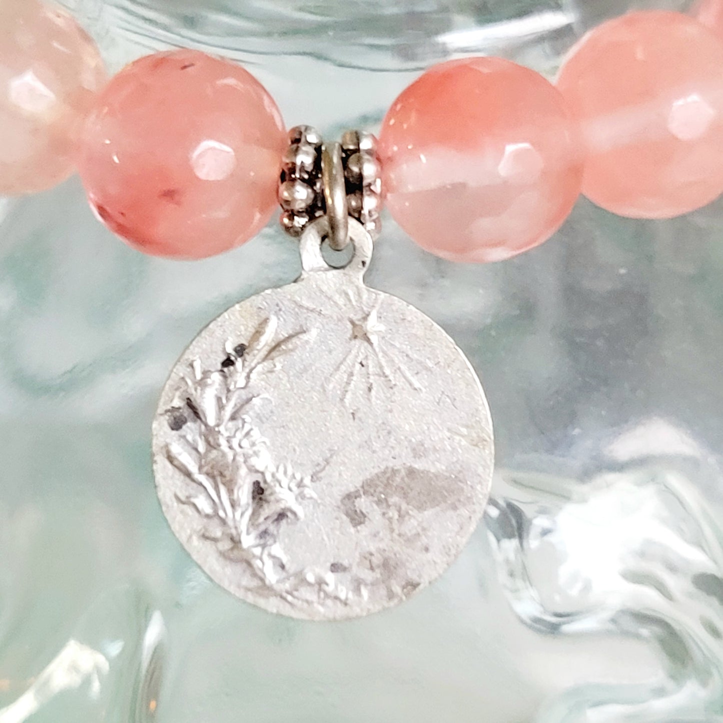 Cherry Quartz Faceted 10mm Beaded Bracelet w/ Silver Plate Medal of St. Expedite